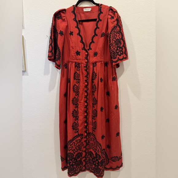 RHODE Rust Midi Dress with Black Embroidery Detailing - Picture 7 of 9